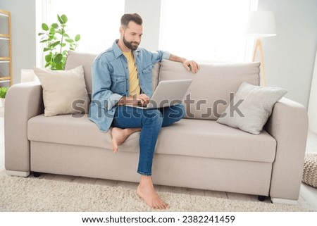 Full length body size photo of remote worker using laptop doing project at home sitting on sofa