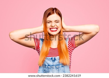 Omg it's too much Close up photo portrait of sad upset unhappy unsatisfied aggressive girl closing ears with palms isolated bright background Royalty-Free Stock Photo #2382241619