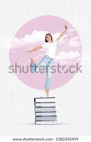 vertical creative collage of a female student standing on a stack of books and floating above the clouds on a white background. Education concept. art work