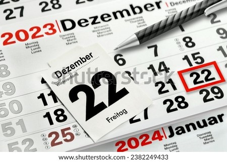 German calendar 2023  December 22 Friday  Beginning of Winter and January Week Monday Tuesday Wednesday Thursday Friday  Royalty-Free Stock Photo #2382249433