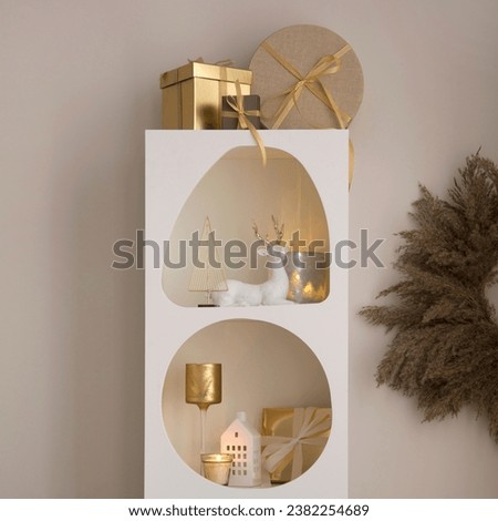 Beautiful composition on white design shelf with christmas decoration, lights, gifts, lanterns ,deer, candles, stars and accessories. Santa claus is coming. Template. 