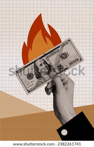 Vertical collage picture of black white colors arm hold dollar bill fire flame burn isolated on checkered copybook page background