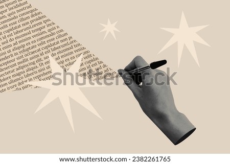Collage abstract picture image illustration of author hands writing pen new page textbook poetry isolated on beige drawing background