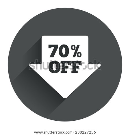 70% sale arrow tag sign icon. Discount symbol. Special offer label. Circle flat button with shadow. Modern UI website navigation. Vector