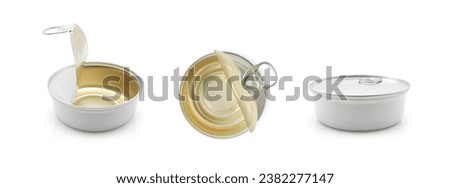 Empty and closed metal tin can with preserved food isolated set on white background, side and top view   Royalty-Free Stock Photo #2382277147