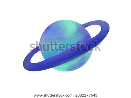 clip art watercolor planets Saturn, Jupiter, Uranus, Neptune with ring around on white background. bright blue globe with ring around. Galaxy art, universe space illustration for books about space