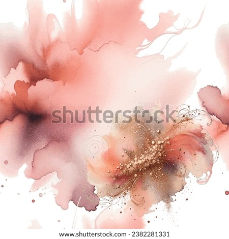 Watercolor hand drawn pink beautiful splash splatter stain brush strokes with flowers and gold glitter seamless pattern. Modern artistic grungy aquarelle spot. Element. Vector watercolor illustration.