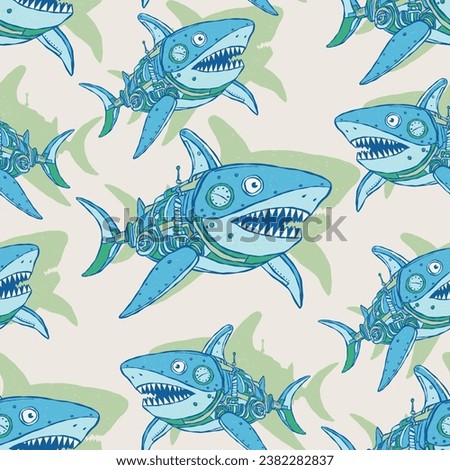 Seamless pattern of a robot shark and its shadows in the background elements. Pattern work for children's swimming shorts.