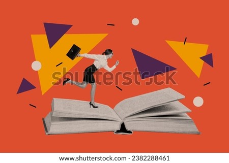 Collage picture of mini black white colors elegant girl hold briefcase running huge opened book isolated on drawing red background