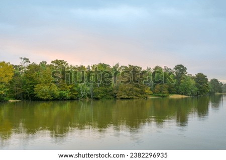 Trees on the shoreline of Lake Fausse Pointe in the Atchafalaya River Basin at sunrise Royalty-Free Stock Photo #2382296935