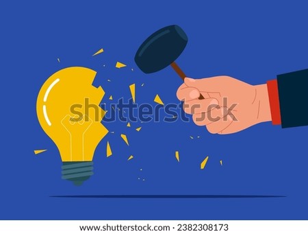 Loss of creative ideas in business. Using sledgehammer and breaks light bulb. Flat vector illustration.
