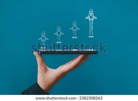 Jet planes fly from 2023 to 2026. New ideas. Business life changing ideas. Different ideas, business leaders, technology concepts, opportunities, business strategies, new life. Royalty-Free Stock Photo #2382308263