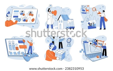 Web 3 vector illustration. Businesses thrive in digital economy by leveraging blockchain technology and cryptocurrencies The cyber world encompasses virtual spaces and digital interactions facilitated