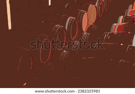 Wine related items - barrels, bottles, storage, exclusive design, vector, oak barrel, cabernet, sauvignon blanc, natural wood, organic wines, cask, winery, caves and cellars, cellars of the winery Royalty-Free Stock Photo #2382325981