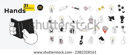 Everyday moments cartoon hands outline illustration bundle. Eating and drinking 2D isolated black and white vector image collection. Hobbies, exercises, practice flat monochromatic drawing clip arts