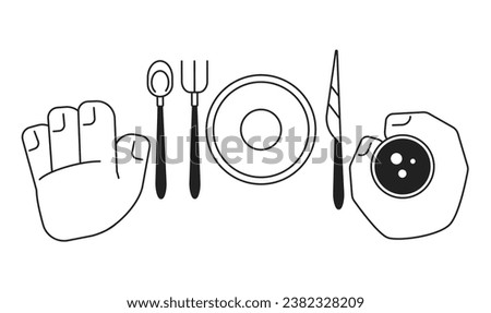 Cutlery hands holding glass overhead cartoon hands outline illustration. Top view utensils setting 2D isolated black and white vector image. Drinking wine flat monochromatic drawing clip art