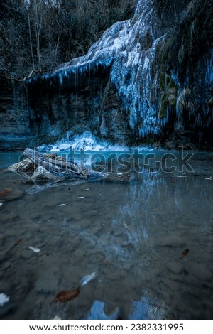 Winter landscape in Salt Del Roure waterfall, La Garrotxa, Spain.