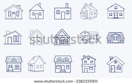 Simple line drawing houses icons set collection. Blue line houses icons, cream background, icons signs.