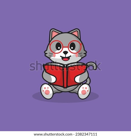 Cute Grey Cat wear glasses with book Cartoon Vector Flat Illustration Studying Animal Icon
