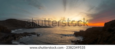 Panoramic photography. Sunset on el Golfo beach, Lanzarote, Canary Islands, Spain