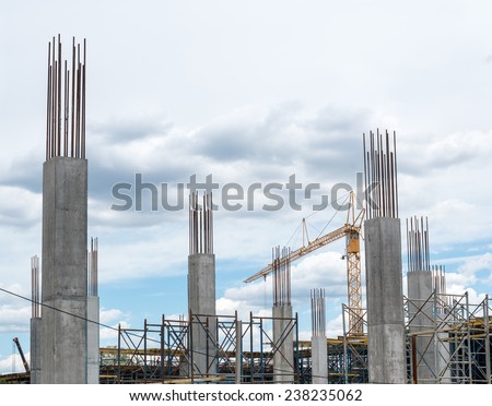 Reinforced concrete piles of the new building and tower crane behind them. Royalty-Free Stock Photo #238235062