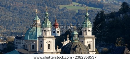Aerial view of Salzburg Cathedral . Cathedral of Saints Rupert and Virgil is a cathedral church of the Archdiocese of Roman Catholic Church.