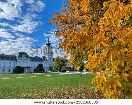 Stunning view of famous palace Festetics-Palast and a tree with golden yellow leaves in Keszthely, Hungary Royalty-Free Stock Photo #2382368385