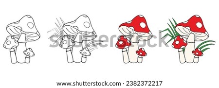 Family of mushrooms with red cap and white dots in the grass. Page for  children's coloring book. Amanita on white background. Vector illustration Royalty-Free Stock Photo #2382372217
