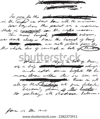 Hand written letter or notes, diary, journal entry, manuscript, poem, with crossed out areas and words. Scribbled, blacked out, removed sections. Like if someone was editing a first or rough draft. Royalty-Free Stock Photo #2382373911