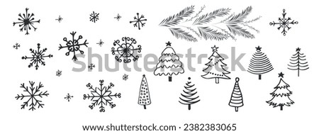 Hand-drawn New Year and Christmas trees and snowflakes. Vector.