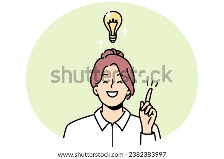 Shining light bulb over head of smiling girl. Woman with index finger up found solution to problem, startup concept. Businesswoman came up with brilliant idea, innovation. Vector graphics in color. Royalty-Free Stock Photo #2382383997