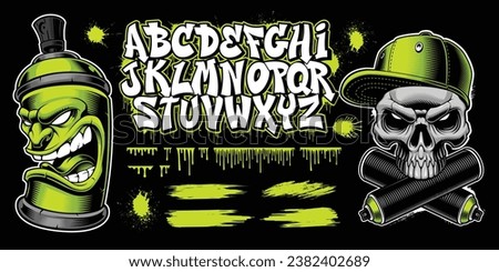 Graffiti themed vector clip art with a font and vector illustrations of a spray character and a skull
