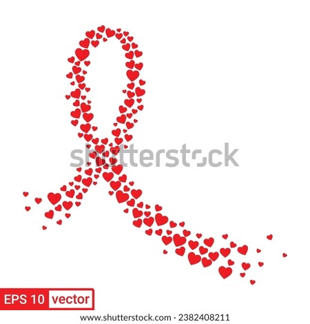 Red cancer awareness ribbon made of hearts isolated on white background