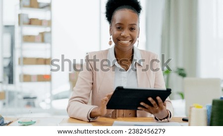 Designer, portrait or tablet for creative website for fashion design and stock or project research. Business, smile or black woman typing on app or technology for social media or ecommerce update