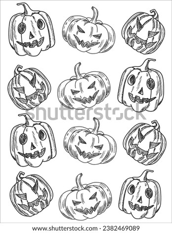 Pumpkins sketch set. Vector hand drawn engraving collection. Autumn Season, Harvesting, Halloween, Thanksgiving.