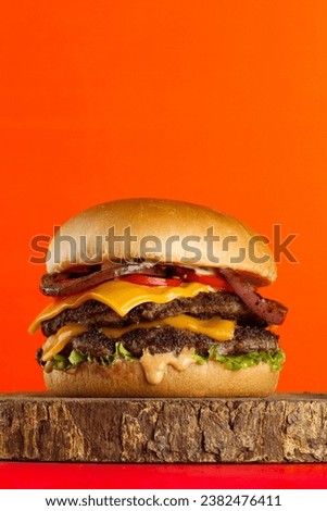 Double cheese beef smash burger with lattus  grilled onion and tomato  Royalty-Free Stock Photo #2382476411