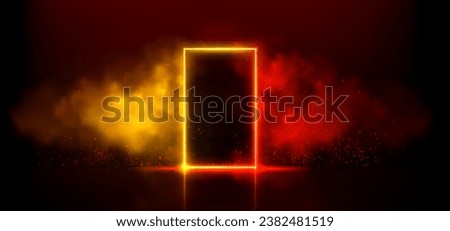 Neon light door on black background. Vector realistic illustration of rectangle frame portal on night club stage with red, orange, yellow smoke, reflection on floor, sparkling particles glowing in air