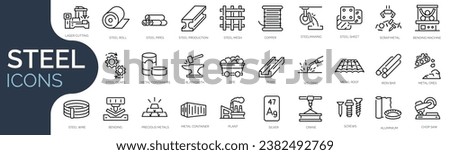 Set of outline icons related to steel. Linear icon collection. Editable stroke. Vector illustration Royalty-Free Stock Photo #2382492769