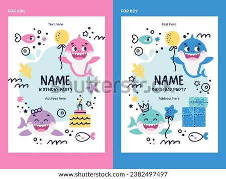 Baby Shark Birthday cute vector marine colorful invitations with fish, wave, algae, star, bubble, rainbow, gift, cake