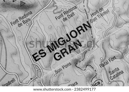 Es Migjorn Gran in Menorca, Spain city town centre map of district atlas name in black and white