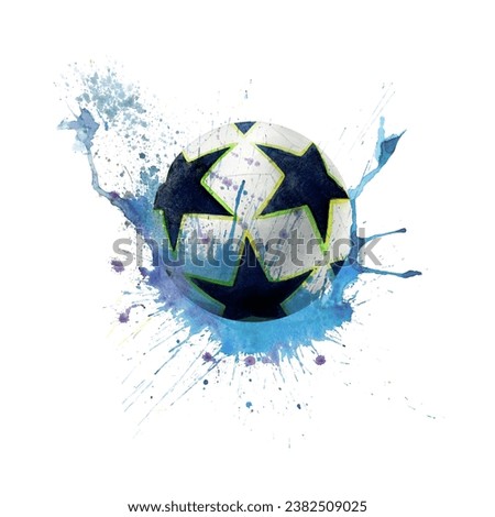 Watercolor drawing of bouncing football ball black and white with stars on blue water splash spot. Illustration isolated on white background. For logo banner card leaflet textile print stickers poster