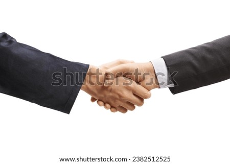 Worker shaking hands with businessman isolated on white background Royalty-Free Stock Photo #2382512525