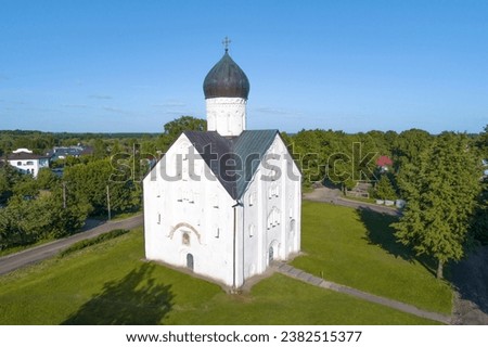 Medieval Church of the Transfiguration on Ilyina Street (1374) on a sunny June day. Shooting from a quadcopter. Veliky Novgorod, Russia