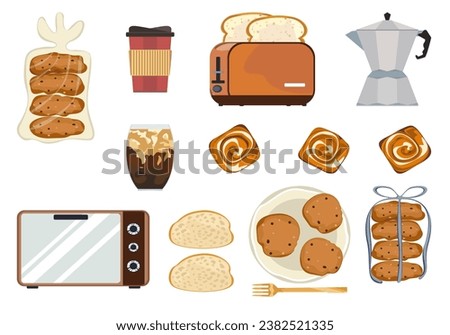 Vector illustrations of coffee, cookies, toast, cartoons, delicious food, and drinks. Collection of baked goods isolated on a white background.