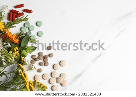 Different pills, herbs and flowers on white table, flat lay with space for text. Dietary supplements