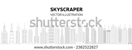 Doodle city long background. Outline skyscrapers background. Hand drawn vector illustration.