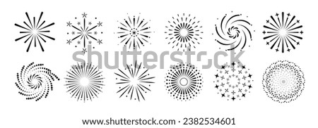 Set of new year firework vector illustration. Collection of black starburst, sunlight on white background. Art design suitable for decoration, print, poster, banner, wallpaper, card, cover, icon. Royalty-Free Stock Photo #2382534601