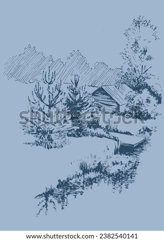 Rural scenery. Meadow, alkali, lye, grassland, pommel, lea, pasturage, farm. Rural scenery landscape panorama of countryside pastures. Vector sketch illustration
 Royalty-Free Stock Photo #2382540141