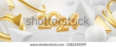Happy New 2024 Year. Vector holiday illustration. 2024 golden foil balloons and flowing 3d geometric shapes on white background. Gold helium balloon numbers. Festive poster or banner design