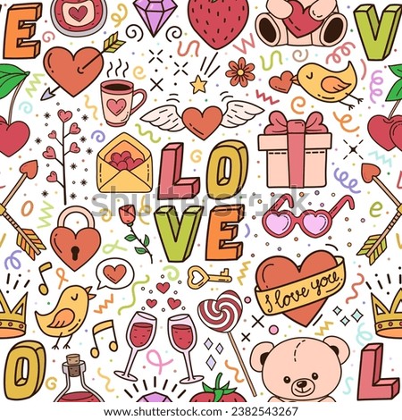 Love seamless pattern with hearts, toys, birds, teddy bear and berries randomly scattered. Vector background for Valentine's Day or fun design for cards, wrappers, bookmarks. Set of doodle elements.
